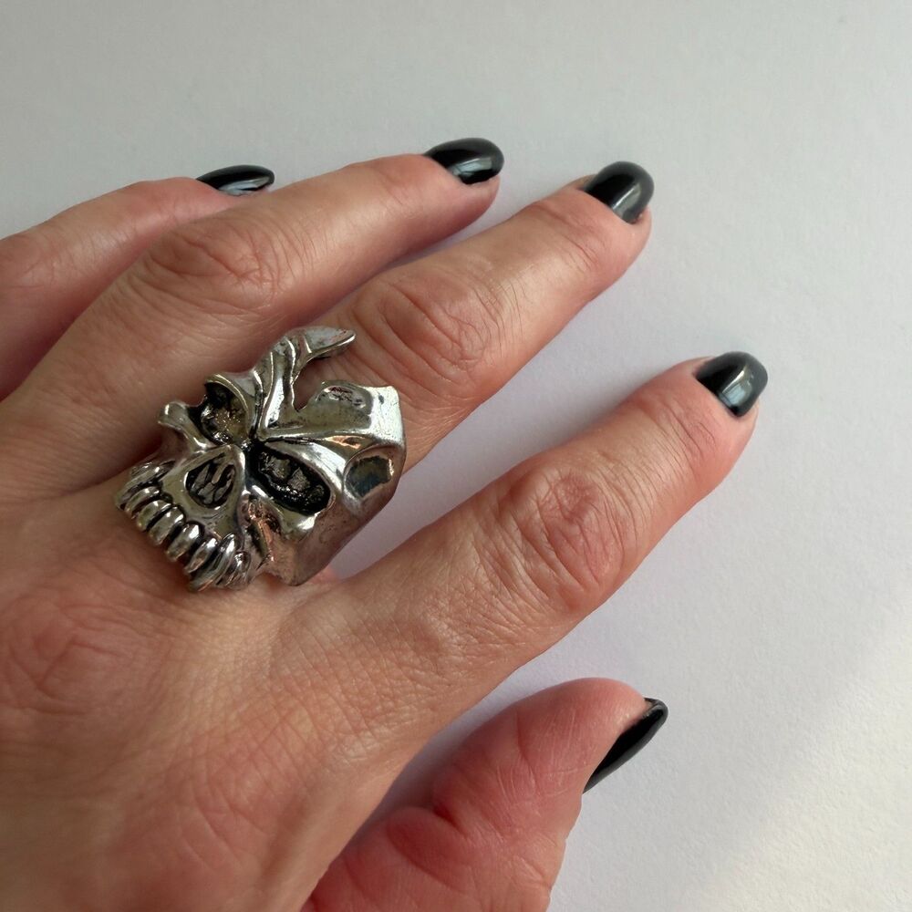 Fleur De Lis Skull Statement Ring Silver Tone Gothic Baroque Unisex Sz 8.75